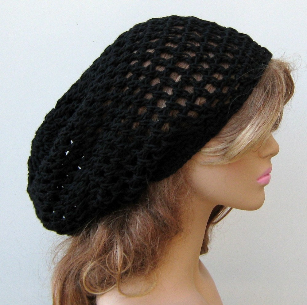 Larger black Hemp cotton Hippie Dread Tam Snood hat slouchy beanie