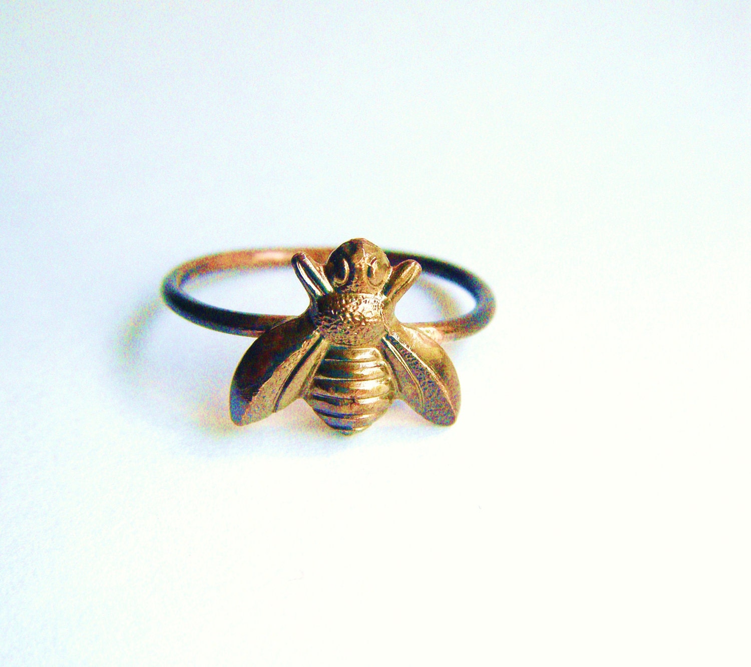 Brass Tiny Cute Honey Bumble Bee Ring on Antiqued Brass Band, Art Nouveau, Tattoo, Steampunk