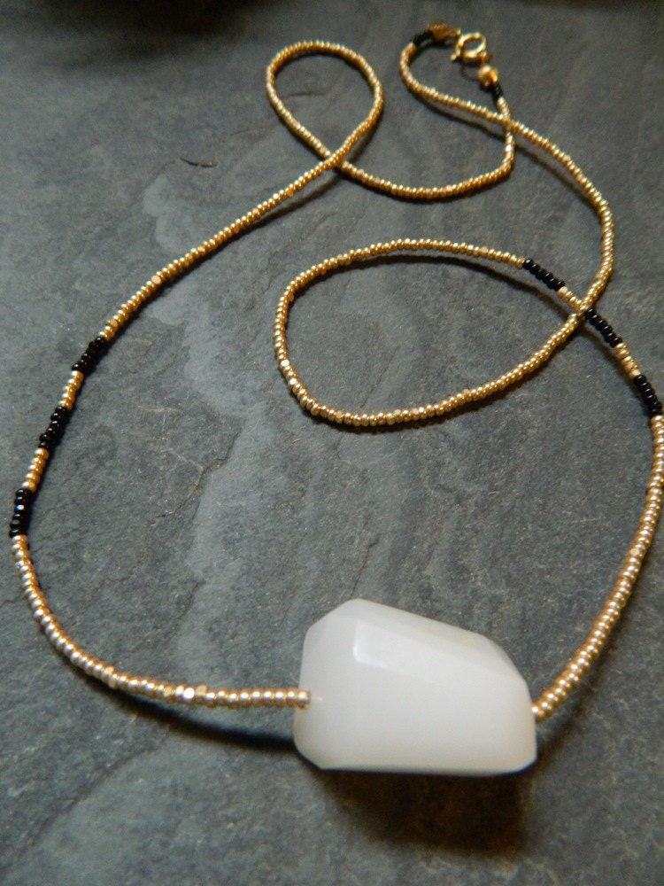 Hyphenate Necklace with Milky Quartz, Gold and Black Seed Beads
