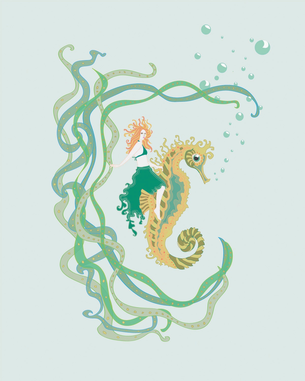 Wild Seahorse Rider. Sea creatures. Wall art. Children's wall art. Fairytale. Fantasy. 8x10 print