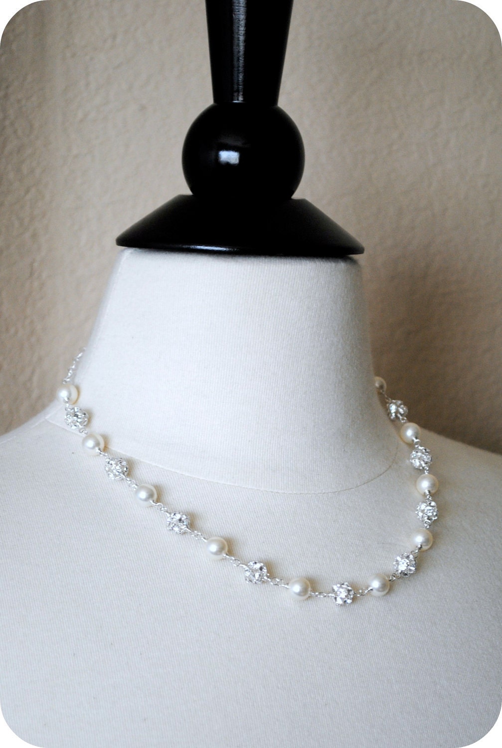 Pearl Necklace, Bridal Rhinestone Necklace, Elegant Wedding Necklace, Couture Necklace, Long, Layered, Ivory, White, Wire Wrapped