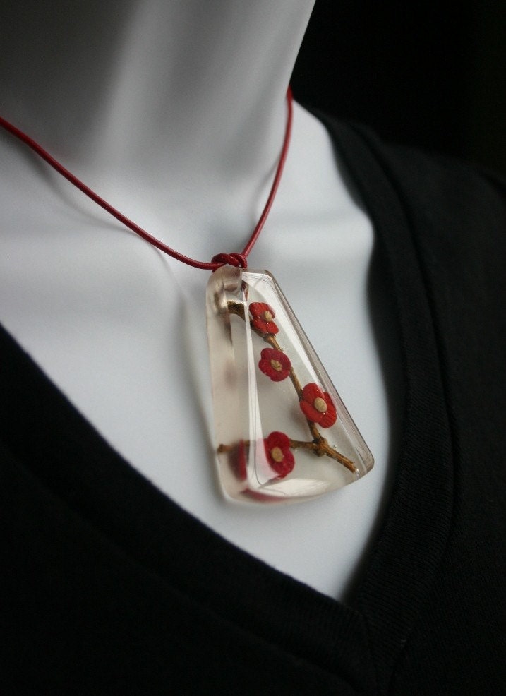 Red Cherry Blossom - Resin Focal Pendant Necklace OOAK