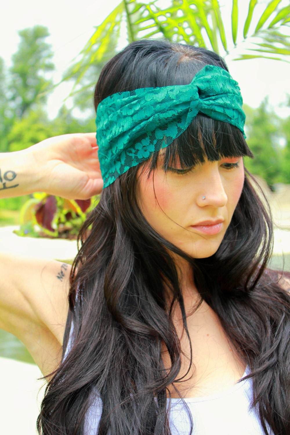 Emerald Blue/Green Lace Turban Headband with Velcro Closure