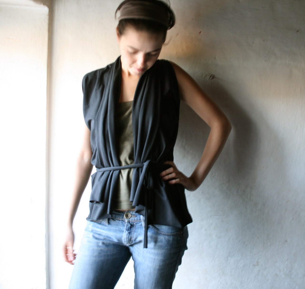 Black top - womens cardigan belted tank top custom size