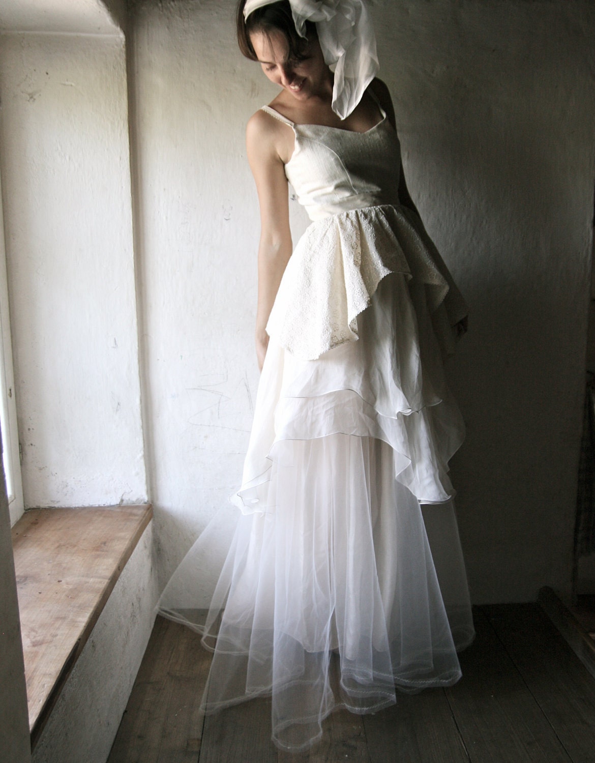 Wedding Dress - Bridal Gown ivory silk chiffon floor length couture handmade gown one of a kind - larimeloom