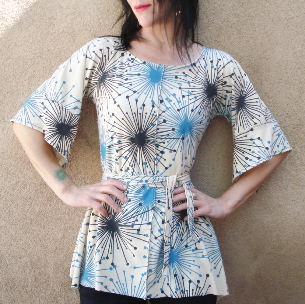 Time Zone - Made to Order - iheartfink Handmade Hand Printed Womens Starburst Artistic Kimono Blouse Top