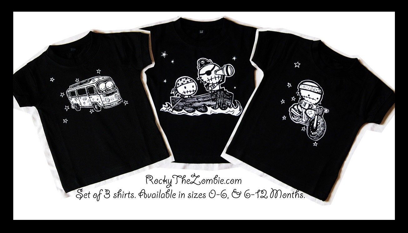 Baby set of 3 black t-shirts Zombie Biker Camper Hippies Motor Bike Pirates