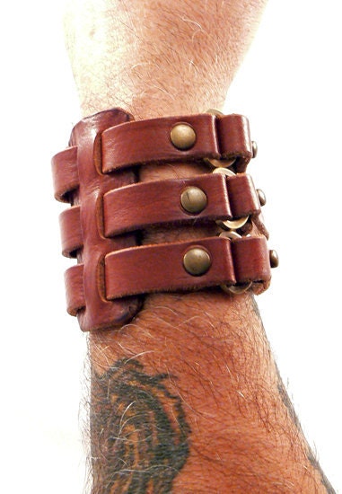 Mens Womens Unisex Tobacco or Black Trilogie Leather Cuff Armband Adjustable