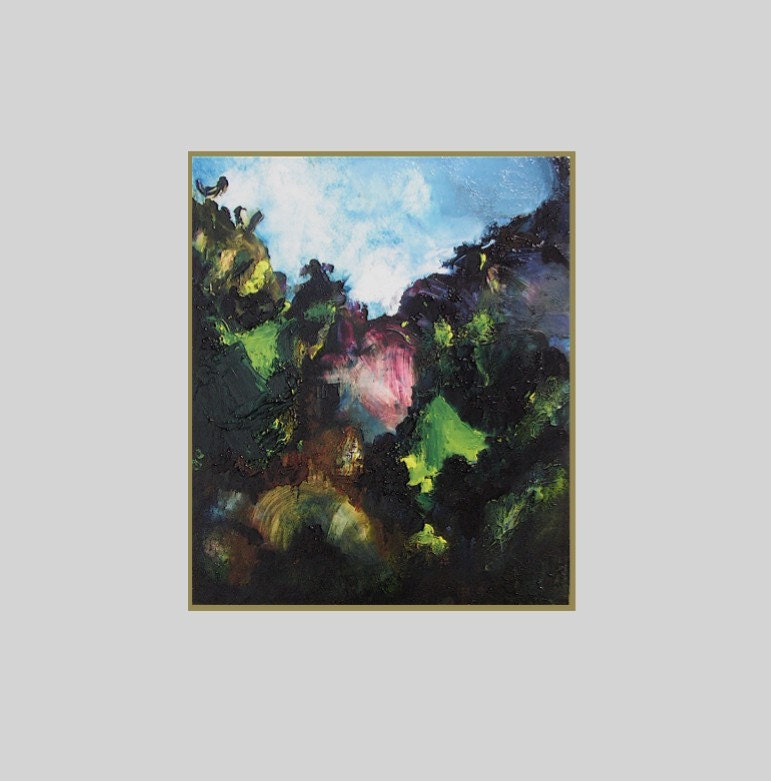 Semi abstract landscape painting, original fine art,  10 x 8 " bright green, sky blue, magenta, black,   "Rhubarbia"