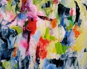 Abstract painting, original oil on canvas, bright colors with winter blue grey, 12 x 10 inches