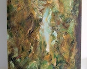 The Tower - original oil painting, pale gold, green, aquamarine, 27.5 x 15.5 inches