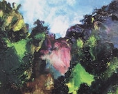 Semi abstract landscape painting, original fine art,  10 x 8 " bright green, sky blue, magenta, black,   "Rhubarbia"