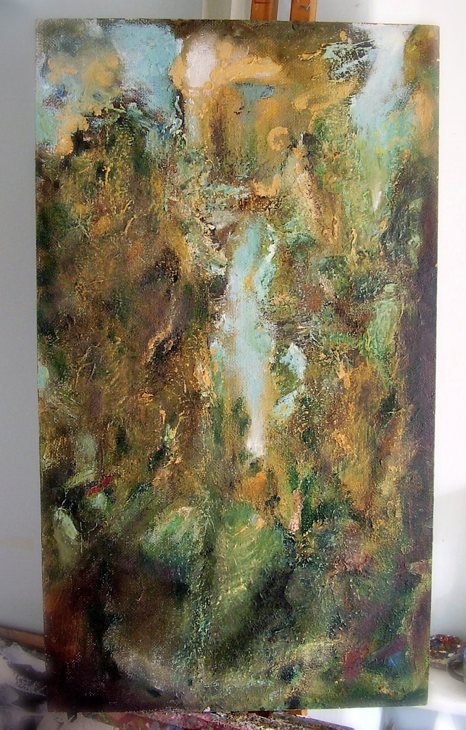 The Tower - original oil painting, pale gold, green, aquamarine, 27.5 x 15.5 inches