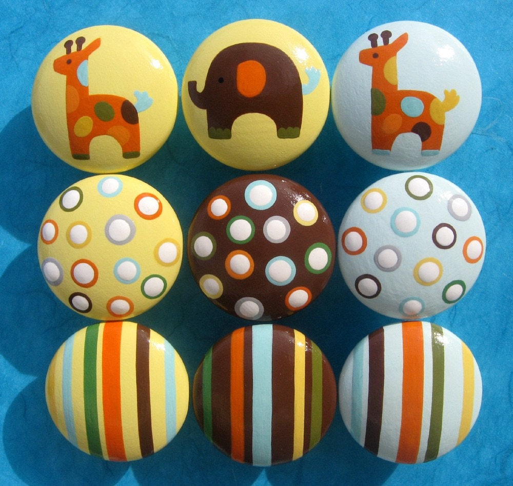 Hand Painted Drawer Knobs - Elephant, Giraffes, Stripes and Polka Dots - Set of 9