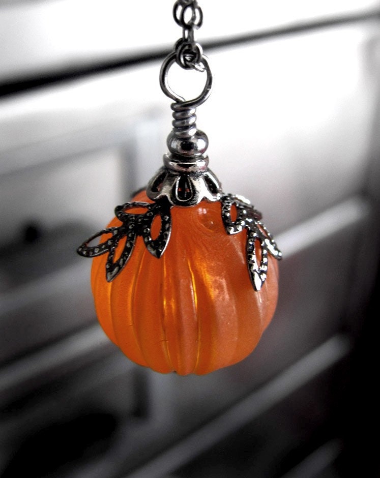 Gothic Orange Pumpkin Necklace, Dark Goth Halloween Jewelry, Wicked Red Orange Pumpkin Pendant, Long Black Gunmetal Chain, Gift for Teen