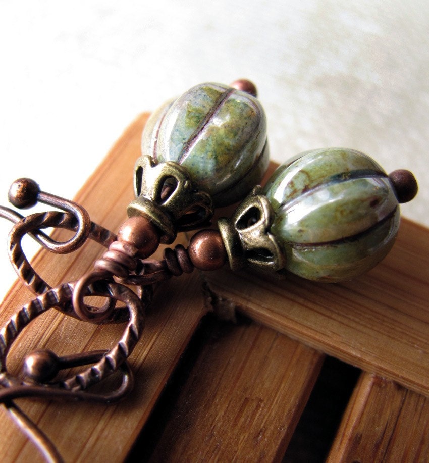 Earthy Green Earrings, Mottled Moss Green Earthtones, Brown Antiqued Copper, Vintage Style Earrings, Boho Natural - Around the World