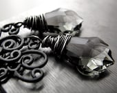 Grey Crystal Chandelier Earrings - Swarovski Black Diamond Crystal Earrings, Black Gunmetal Chandeliers, Evening Jewelry - Midnight Trellis