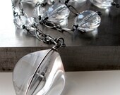 Clear Crystal Necklace, Wirewrapped Oxidized Sterling Silver, Modern Jewelry, Long Layering Necklace, Vintage Acrylic Beads, Clear Pendant