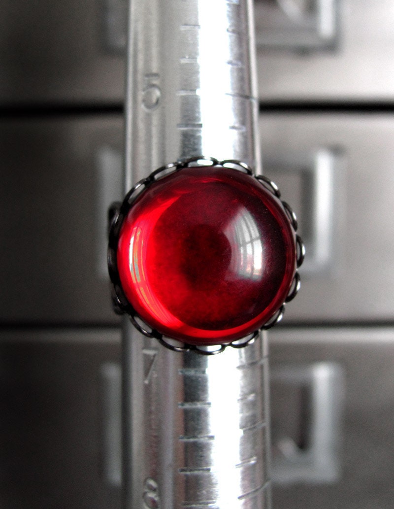 Blood Red Cocktail Ring - Vintage Red Glass Cabochon, Black Filigree Adjustable Ring, Dark Halloween Jewelry, Goth Gothic Ring - PASSION - ShySiren