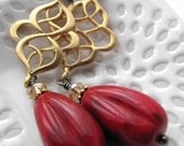 Red Gold Bollywood Earrings - India Inspired, Matte Gold with Vintage Red Acrylic Teardrops, Indian Bhangra Bollywood Dance Jewelry