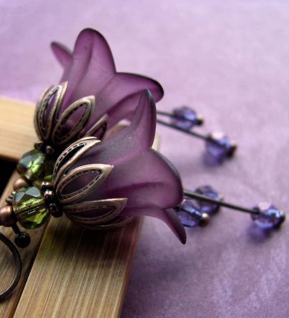 Romantic Deep Purple Flower Earrings - Rich, Dark Purple Flowers, Antiqued Copper, Gift for Gardener, Garden Wedding, Vintage Style Jewelry