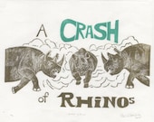 A Crash of  Rhinos Linocut
