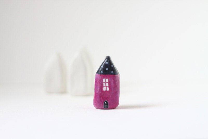 SALE - Little Home No 103 - Black and pink little clay house with polka dots
