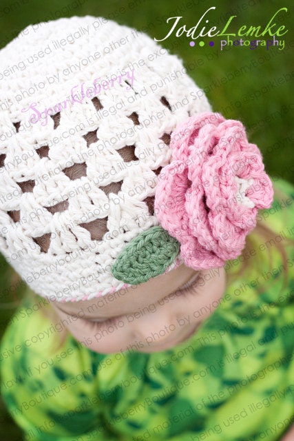 Beanie Hat Crocheted "The Cali" Ivory Rose Pink Sage Open Weave Beanie Flower Accent Leaves