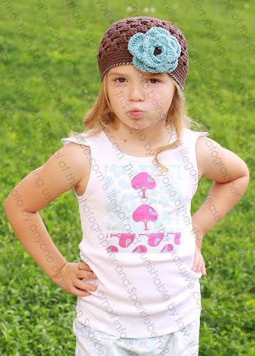 THE BRINLEE Crocheted Beanie Chocolate/Soft Teal  Newborn - Teens Summer Flower Photo Prop Infant Toddler