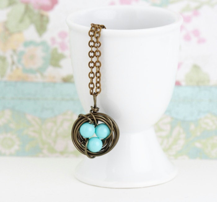 Brass Turquoise Bird Nest Necklace - Turquoise Eggs in Wire Wrapped Bird Nest - Gift For Mom, Expectant Mom, Grandmother, Memorial Day Sale