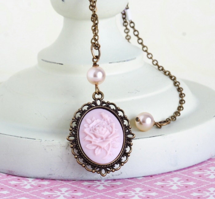 Soft Pink Cameo Necklace With Pink Pearl on a Brass Chain