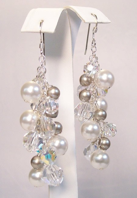 Clear, White & Platinum full chandelier wedding earrings, long, bridal bridesmaid, toasted brioche, aluminum, carbon, silver mist, charcoal