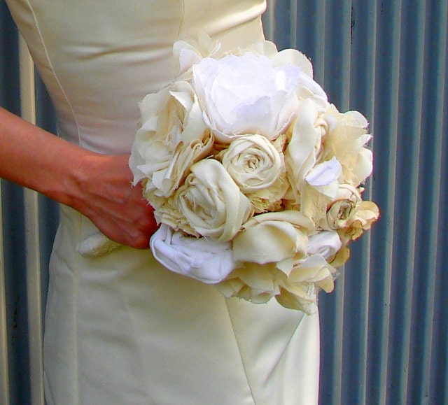 Bridal Bouquet, Weddings - Natural Cotton and Linen Wedding Bouquet - Vintage Wedding, Handmade Flower