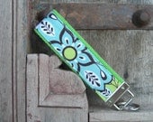READY TO SHIP-Beautiful Key Fob/Keychain/Wristlet-Floral on Lime