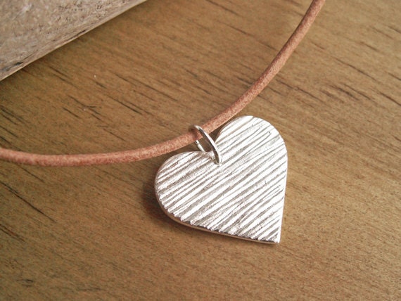 Rustic Heart Valentine Necklace OOAK small handmade woodgrain texture pendant recycled .999 Fine Silver leather cord Sterling clasp