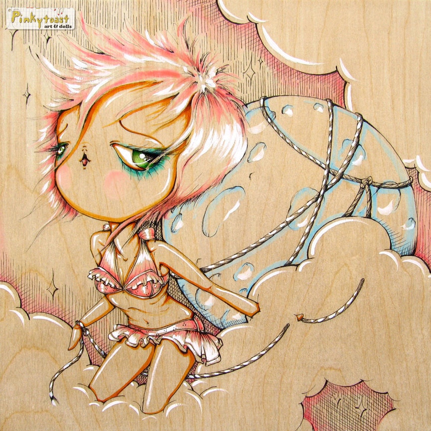 Big Eyed Pink PinUp Girl-Lasso the Moon for You-Pinkytoast Art Print-8x8 inches