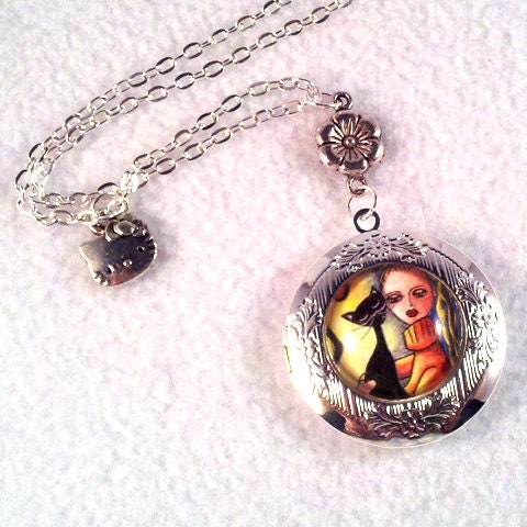 Locket, Black Cat and Girl Art Locket, Silver Charm Necklace, Vintage Cat Jewelry Shabby Chic, Orange Yellow
