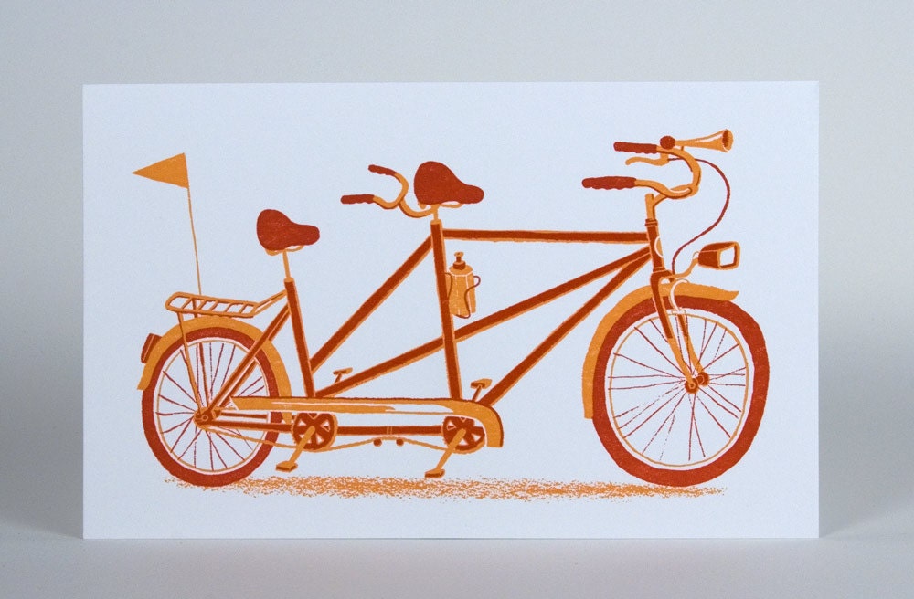 TANDEM BICYCLE Built for Two Print Hand Printed Letterpress with Kraft Envelope