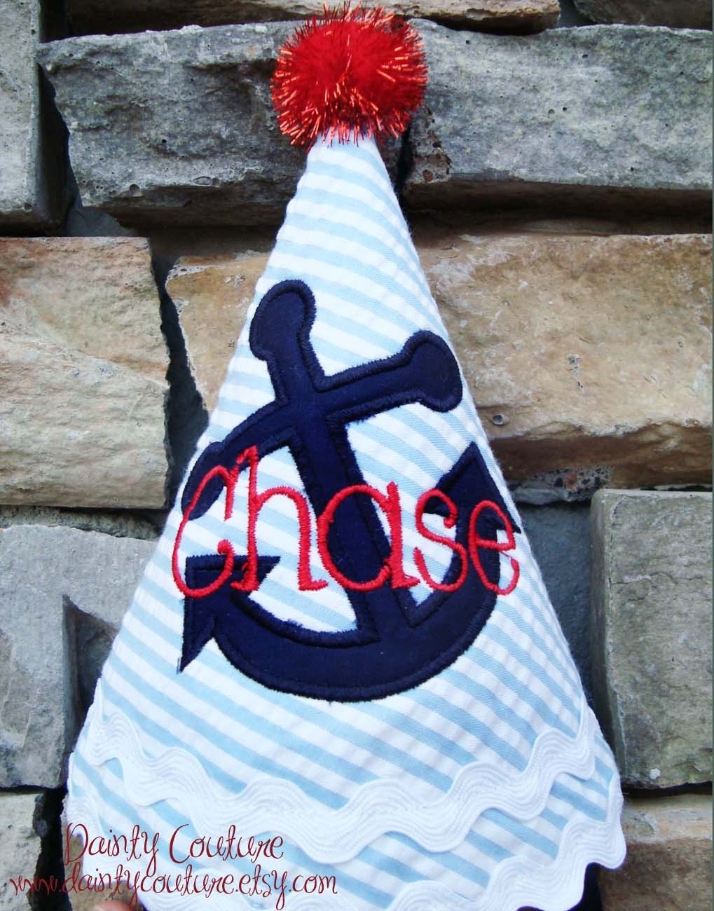 Boys Birthday Party Hat - Nautical Theme, blue anchor, red and white - Completely Custom