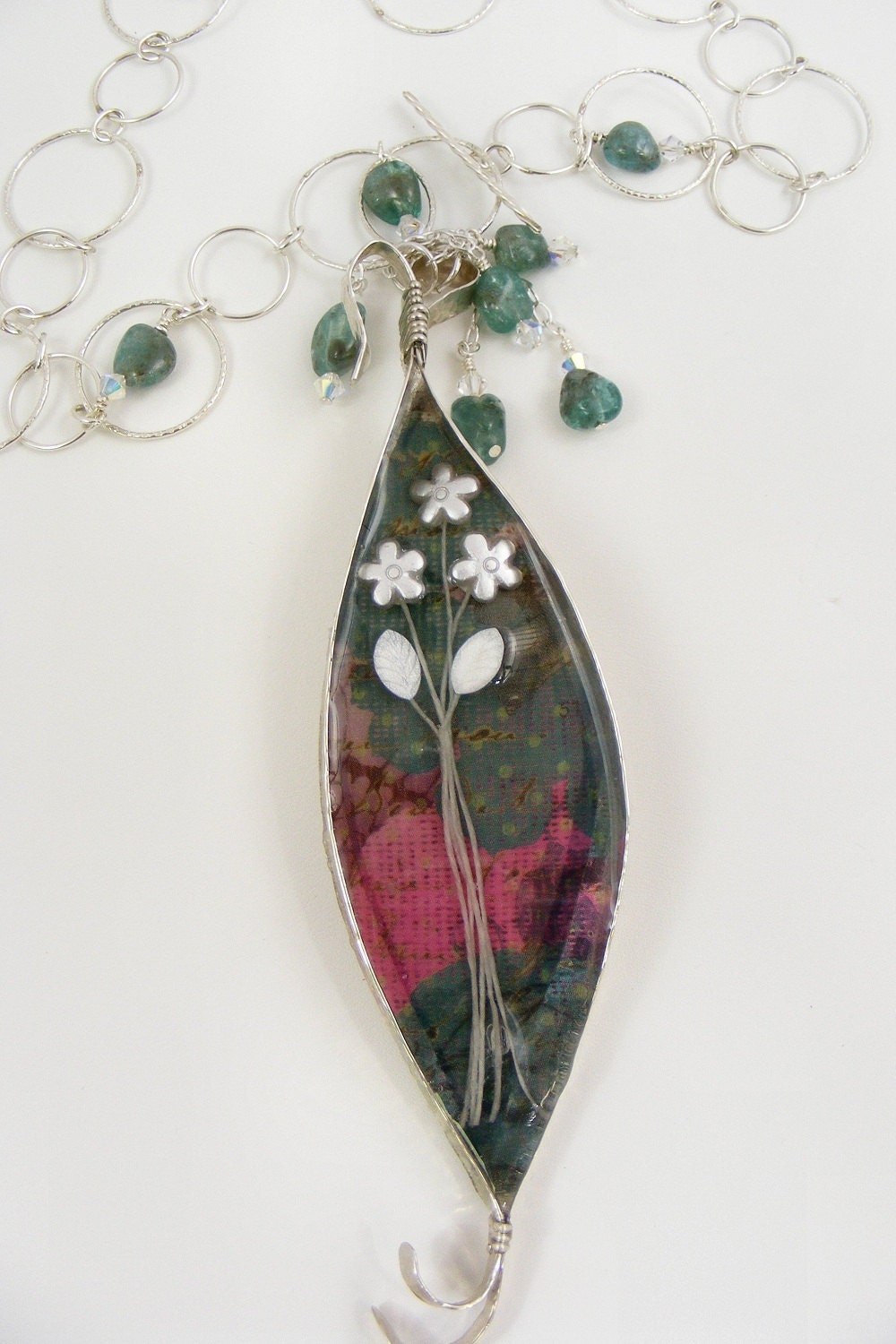 Sterling Silver Necklace White Flowers Tourmaline Green Floral