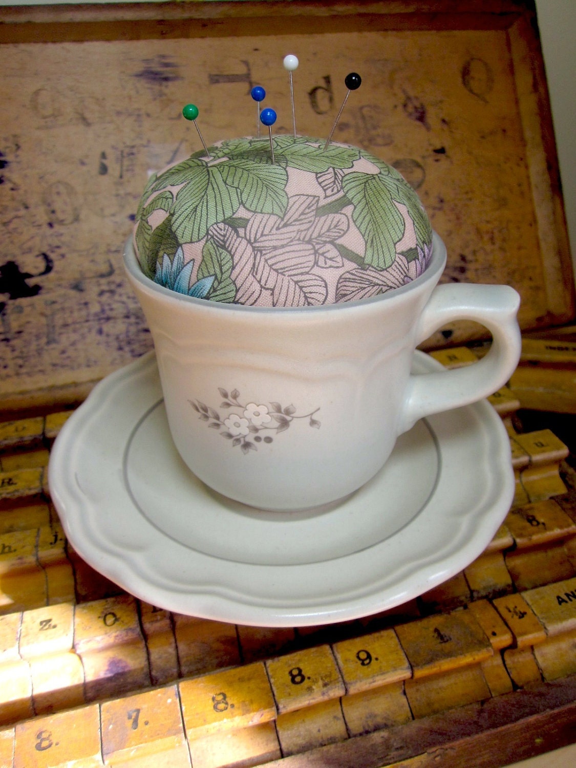 Frosted Dahlias Teacup Pincushion
