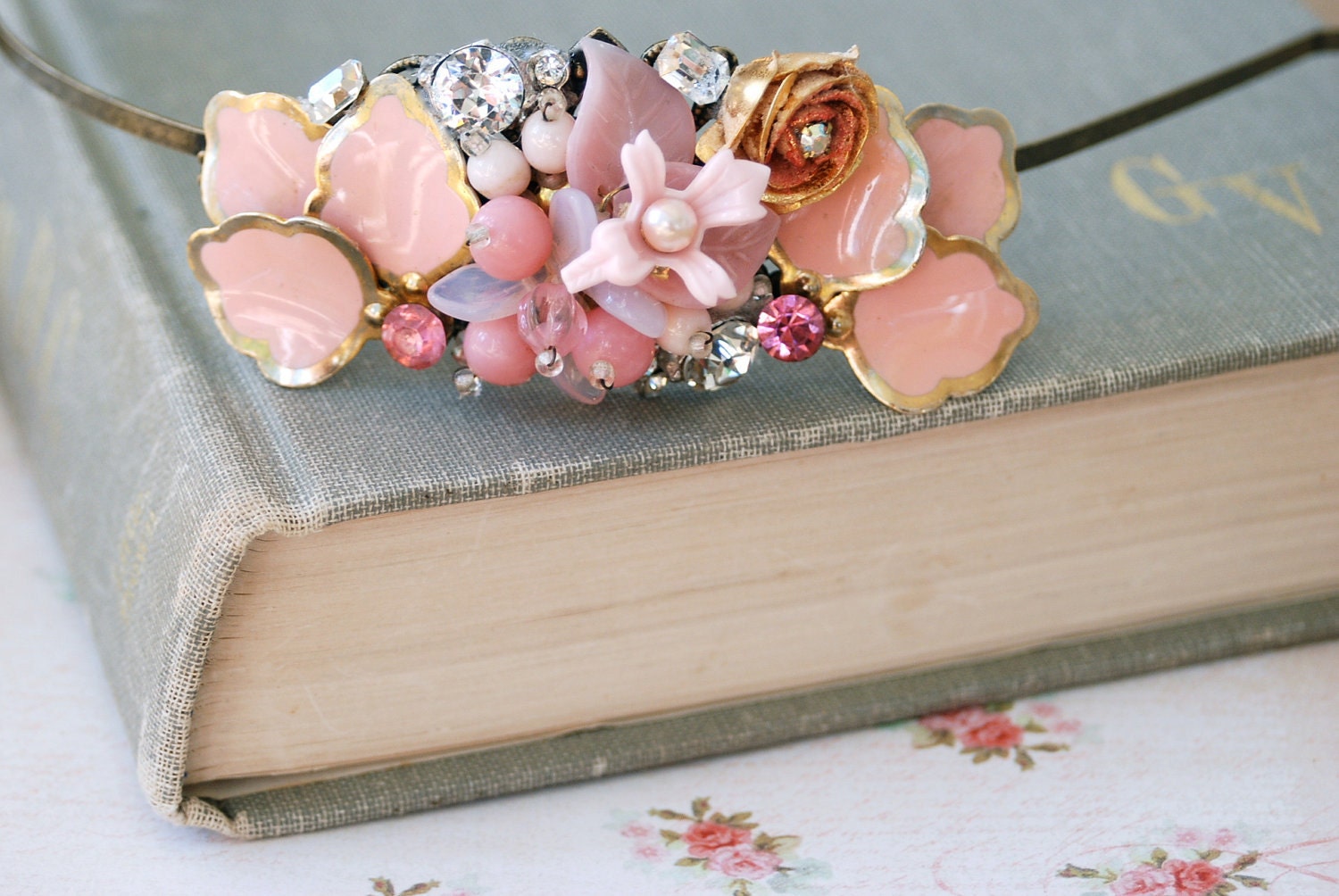Pink floral shabby chic collage headband.Tiedupmemories