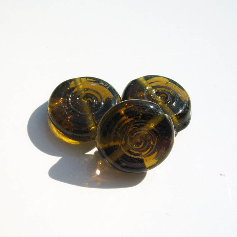 Spiral Earth Coin- Olive- Recycled bottle glass spiral stamped coin lampwork beads- set of 3