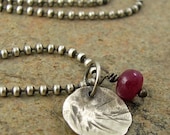 Berry red ruby necklace rustic oxidized sterling silver disc ruby jewelry simple silver necklace july birthday
