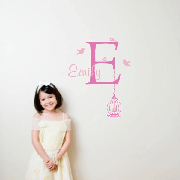 Monogram with birdcage personalized wall decal, Removable vinyl wall art