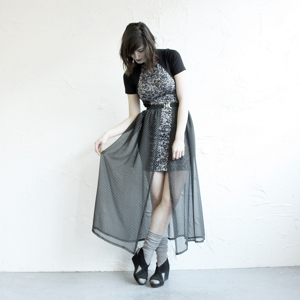 Chiffon Overskirt Belt - Black Polka Dot Chiffon with Black Elastic, Silver Buckle M or L