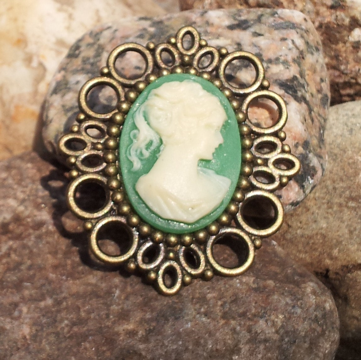 Green Cameo Brooch Pin in Bronze Frame