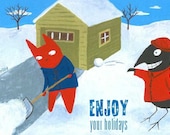Funny Cat n Crow Holiday Card - Christmas, Hanukkah Folk Art Animal Card - Snowball Fight