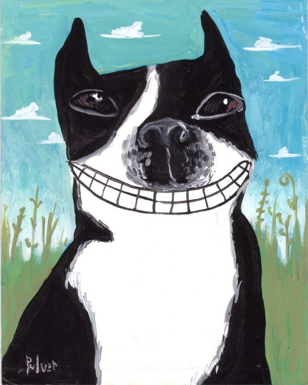 Smiling Boston Terrier Art Print - Whimsical 8x10 Turquoise Blue and Green Folk Art