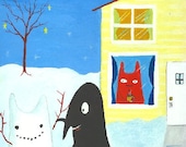 Cat n Crow Holiday Art Card or Small Print - Bird Makes Snowman Folk Art Animal Card - Happy Holidays